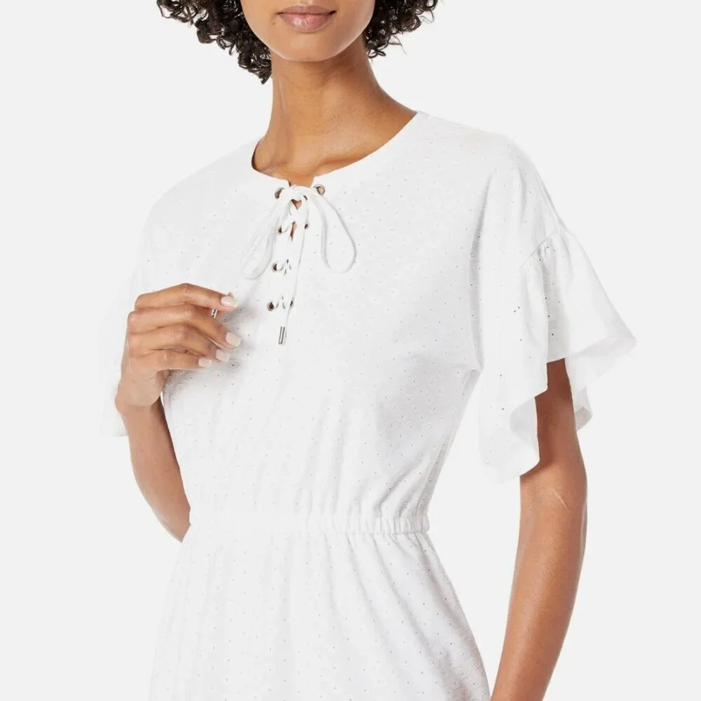 Michael Kors Women's Small Eyelet White Soft Flowy Preppy Beachy Vacation Dress
